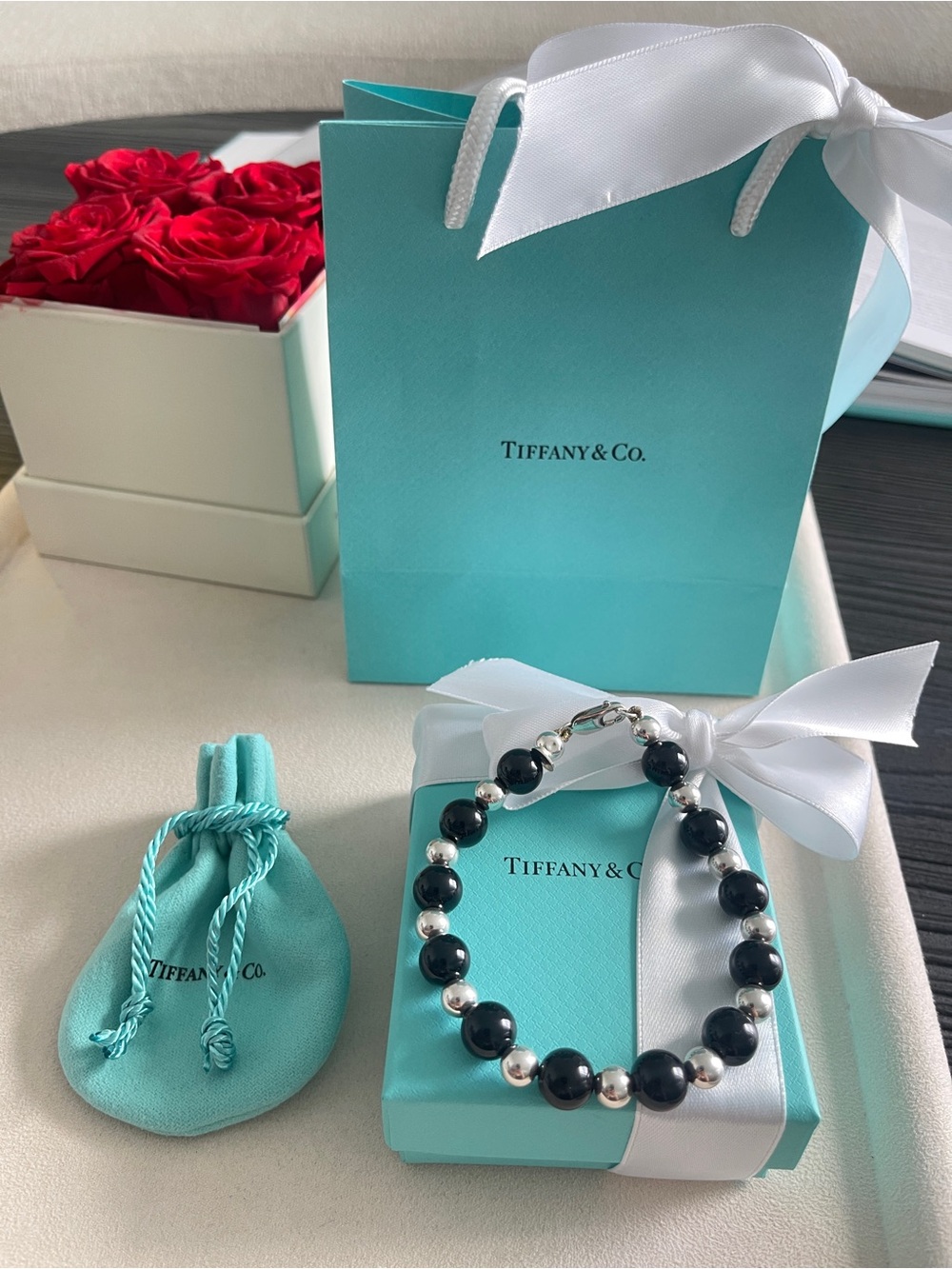 Tiffany & Co. Black Onyx Bead Bracelet Sterling Silver 10mm Beads Size 8”